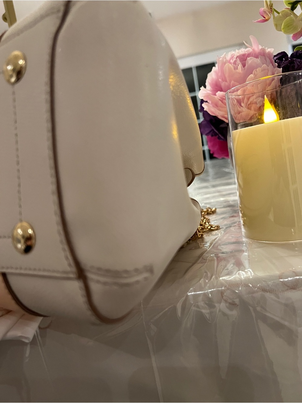 Coach Blush Peach Ivory Pebbled Leather Satchel Gold Chain Carryall Luxury - Picture 9 of 16